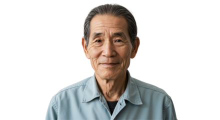 A Smiling Elderly Asian Man in His 70s Poses for a Portrait Against a Solid Black Background, Exuding Warmth and Wisdom in His Expression and Presence