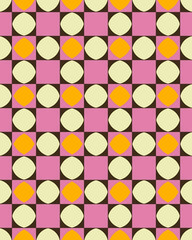 This artwork features a vibrant mix of circles and squares in pink, yellow, orange, and black for a lively visual effect