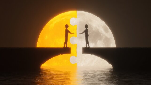 Two individuals reaching out against puzzle piece sun and moon backdrop