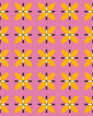 Bright yellow and white flowers are arranged in a symmetrical pattern against a pink background, creating a lively and cheerful atmosphere