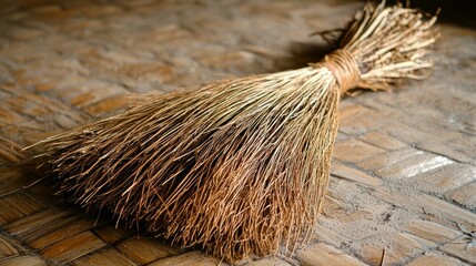 Hand-crafted broom resting on a woven mat