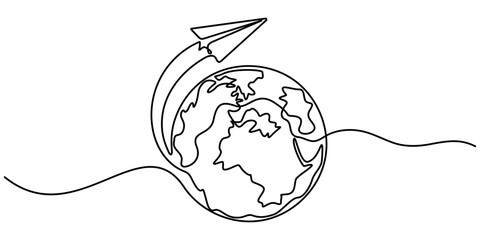 One continuous line drawing of Earth with paper airplane, Continuous line drawing of planet earth in world care concept thin line illustration, Paper Plane Single Line Icon. 
