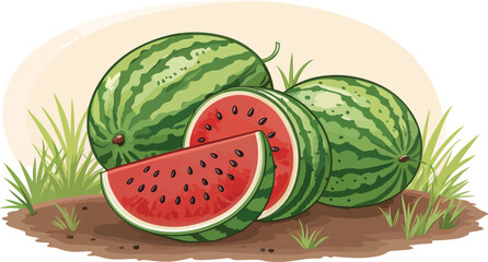 Watermelon with watermelon slice in natural background, Watermelon illustration vector design