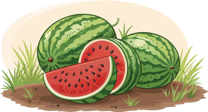 recommend clip art: Watermelon with watermelon slice in natural background, Watermelon illustration vector design