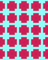 A vibrant pattern showcases alternating red squares surrounded by turquoise shapes, creating a visually engaging design