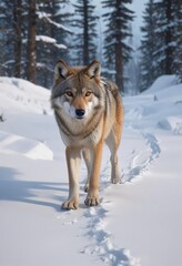 Naklejka premium A lone Eurasian wolf tracks through deep snow , winter, footprints, prey