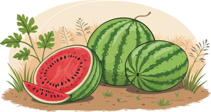 recommend clip art: Watermelon vector design, Watermelon with watermelon slice in natural background vector design