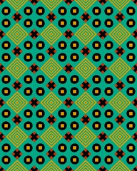 Vibrant pattern featuring a mix of squares and circles with contrasting colors, suitable for fabric or wall decor