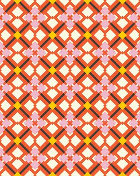 Complex design features intercrossing lines and colorful shapes in a vibrant arrangement, offering an energetic visual experience