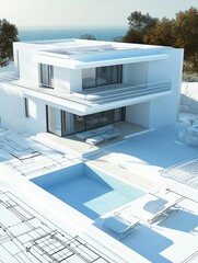 Modern white villa with a swimming pool overlooking the sea under sunlight. The architecture features clean lines and geometric shapes. The scene is bathed in bright light with shadows