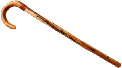 a wooden walking stick with a curved handle isolated on transparent background	
