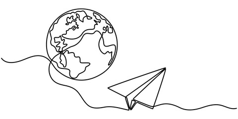 One continuous line drawing of Earth with paper airplane, Continuous line drawing of planet earth in world care concept thin line illustration, Paper Plane Single Line Icon.  © SREEPOLOK