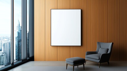 A modern interior featuring a stylish armchair and ottoman next to a large window, showcasing a minimalistic wall with a blank canvas frame, perfect for creative decoration.