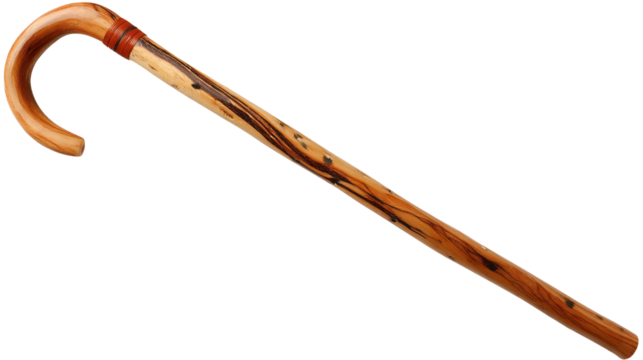 a wooden walking stick with a curved handle isolated on transparent background	
