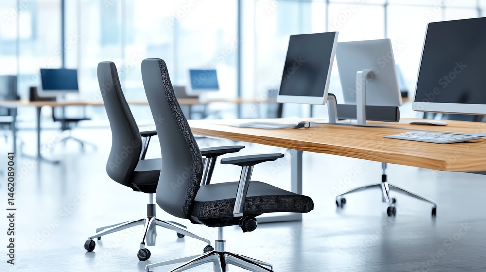 Aufkleber a modern office interior featuring sleek computer desks and ergonomic chairs. large windows provide 