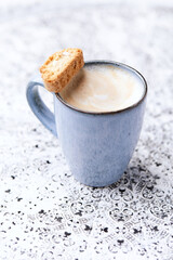 Cappuccino on bright background. Soft focus. Copy space	