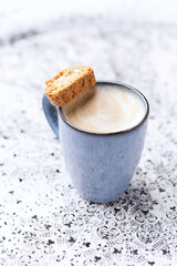 Cappuccino on bright background. Soft focus. Copy space	