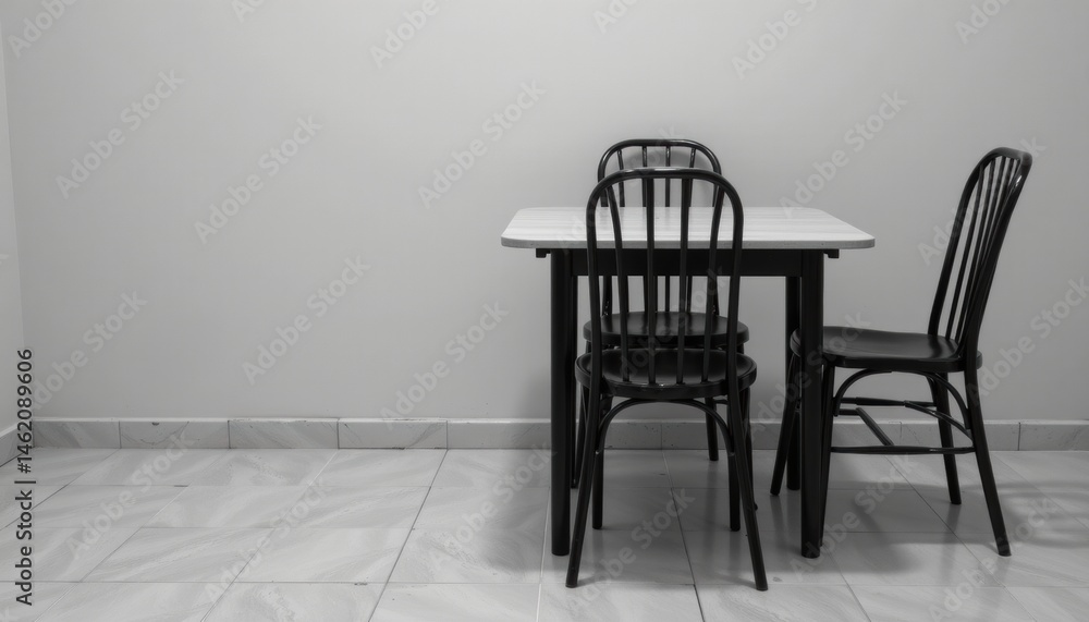 Poster empty dining area with a table and three chairs.