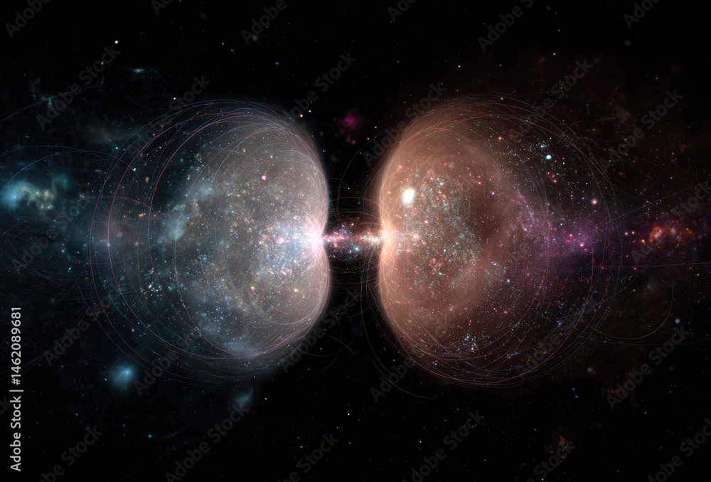 Poster two cosmic spheres connected by glowing bridge in space, illustrating concept of quantum entanglemen