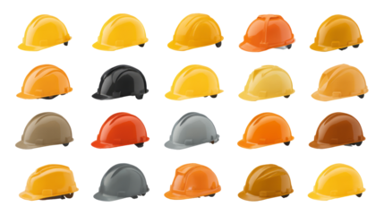 Construction helmets of various colors isolated on transparent background	
