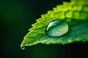 A close-up of a dewdrop on a green leaf, crystal-clear reflection