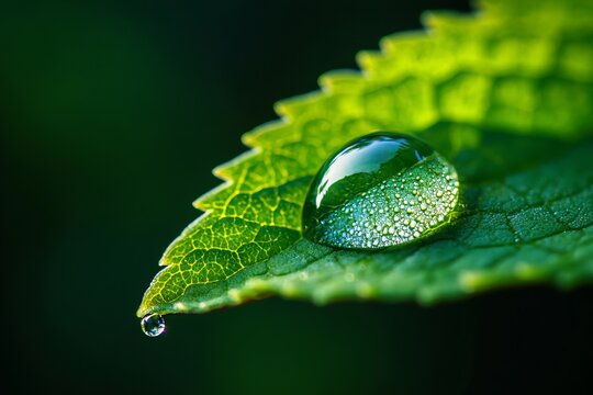 A close-up of a dewdrop on a green leaf, crystal-clear reflection