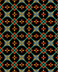 A visually striking geometric pattern showcases colorful shapes like squares and diamonds against a black backdrop, ideal for design use