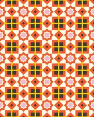 Bold geometric shapes create a lively pattern with stars and crosses. The design incorporates orange, pink, and black colors on a white surface