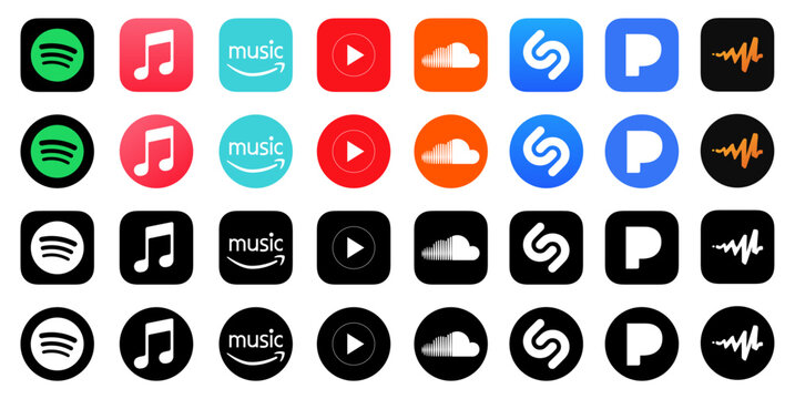 Spotify, Apple music,, Soundcloud, YouTube music, Amazon music, Pandora, Shazam, Audiomack. Popular music streaming services logo icon set 2024. New High resolution vector buttons