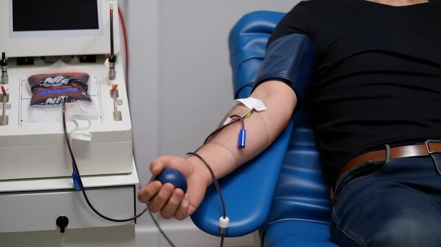 Donor squeezing blue stress ball while donating blood using apheresis machine at modern hospital, helping save lives through voluntary blood donation