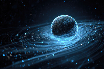 Obraz premium Glowing sphere surrounded by swirling blue light trails creates sense of cosmic energy and motion in dark, starry space. digital art evokes futuristic and mysterious atmosphere