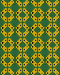 Repeating design features yellow ovals with dark blue dots on a green background, showcasing vibrant geometric patterns