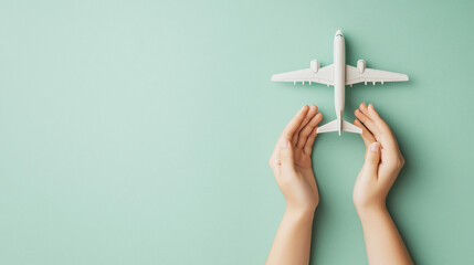 Hands protecting a small airplane model