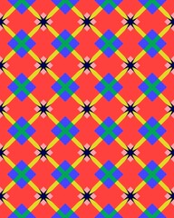 A visually striking design features interlocking shapes including squares and stars in bold colors set against a bright red backdrop