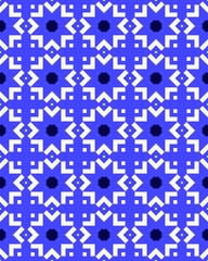 Intricate geometric shapes form a lively pattern in blue and white, suitable for textiles and other artistic uses