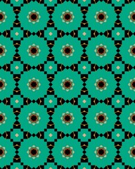 Detailed geometric pattern featuring vibrant teal, red, and black colors arranged in a symmetrical layout with floral motifs