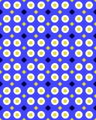 A vibrant design featuring a repeating pattern of eggs and diamond shapes against a bold blue backdrop, perfect for creative projects