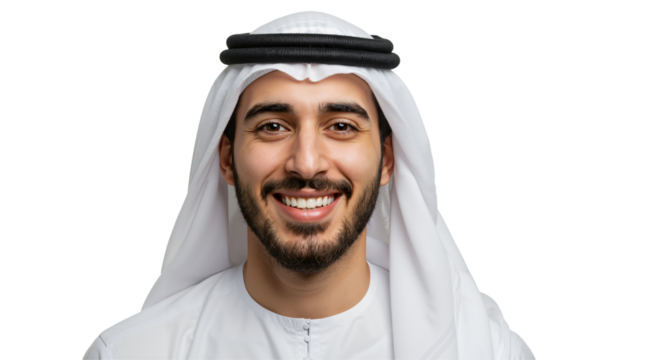 Smiling Emirati Man in Traditional Attire, Portrait against a Black Background, Radiating Warmth and Professionalism