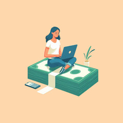 Freelancer Woman Sitting on Money Stack with Laptop – Financial Freedom and Online Income Concept vector illustration