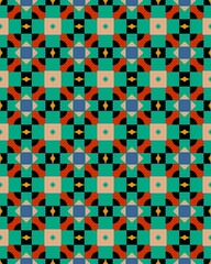 Fototapeta premium A vibrant and complex geometric pattern showcases a mix of colors and shapes, creating a captivating tiled visual experience