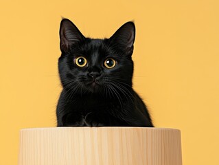 Black kitten on a wooden pedestal against a mustard yellow background