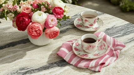 Afternoon tea gathering garden setting floral arrangement natural light cozy atmosphere relaxation concept