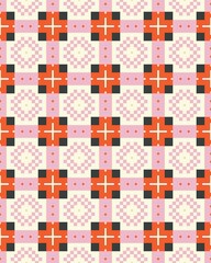 This vibrant design showcases a repeating geometric pattern with squares and crosses in bright colors against a light backdrop