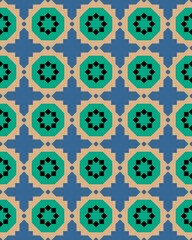 Intricate design showcases repeating geometric shapes in green, black, and beige against a deep blue backdrop