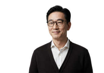 Middle-Aged Asian Man with Glasses Smiling Against a Black Background, Showing Confidence and Approachability in a Professional Setting