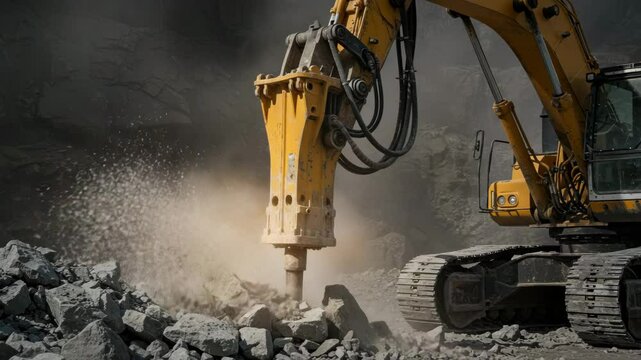 Heavy-duty industrial stone crushing machine in action, breaking large rocks into gravel at a dusty construction site, showcasing powerful machinery used in the building industry.