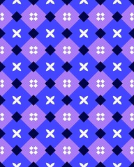 A vibrant geometric pattern showcases a blend of blue and purple hues with diamond and cross shapes creating a lively visual effect