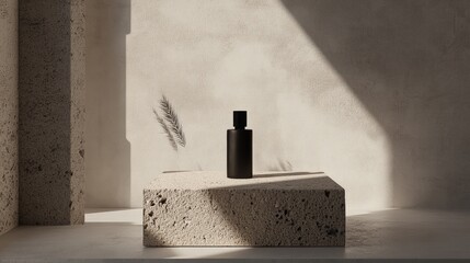 Minimalist black bottle on beige stone podium in sunlight.