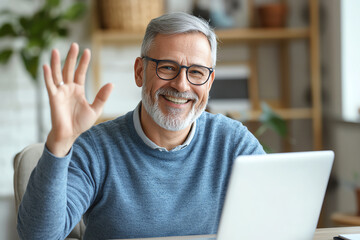 middle aged man with glasses and beard is smiling and waving while sitting at desk with laptop. setting is cozy home office with plants and shelves in background