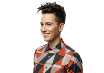 Stylish Young Caucasian Male with Short Hair and Earring, Sporting a Colorful Geometric Pattern Shirt Against a Black Background, Exuding Confidence and Charm